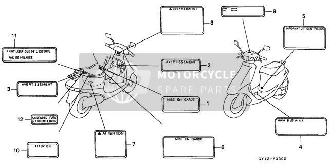 Honda SA50S 1995 Etiqueta de precaución para un 1995 Honda SA50S